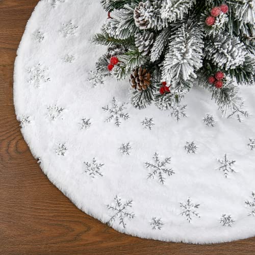 Falda de árbol de Navidad,78 CM/31 Pulgadas Alfombra de árbol de Navidad Blanca Redonda con Lentejuelas Plateadas de Copo de Nieve, tapete arbol Navidad de Piel sintética Blanca Gruesa y Suave