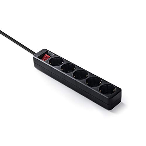 Famatel 9/705-N Regleta ecosockets 5 Interruptor Luminoso | 1,5 Metros | hasta 3500W | Protección Infantil | Base enchufes Múltiple | Orientación Tomas a 45º | Evita consumos Fantasma | Negro