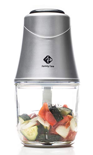 Family Care Picadora Eléctrica, Trituradora de Alimentos, 3 Cuchillas Titanio, 300W, Bol de Cristal 600 ml, Multifunción, Picadora de Carne, Verdura, Frutos Secos, Hielo
