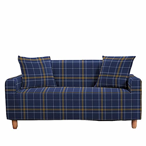 FANSU Funda de Sofá Elástica para Sofá de 1 2 3 4 Plazas,Ajustable Estampado Cuadros Moda 3D Cubre Sofa con 1 Funda Cojín,Antisuciedad Antideslizante Protector de Muebles (Azul Profundo,3 plazas)