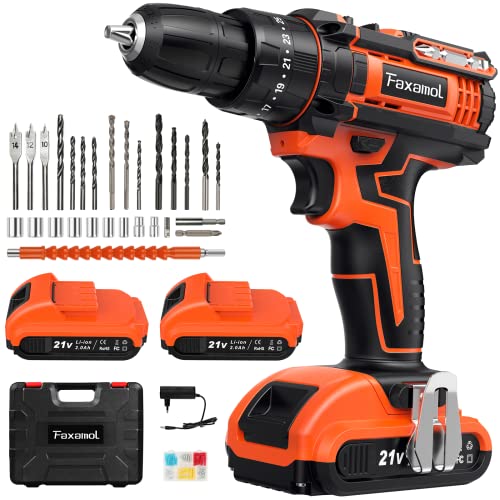 Faxamol Taladro Atornillador 21V, Taladro Percutor a Batería con 2 x 2.0Ah Baterías Litio, 42Nm Máx, 25+3 Ajuste de Par, 2 Velocidad, LED Luz Para Hogar, Bricolaje