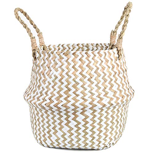 FEILANDUO Cesta de lavandería Tejida de Mimbre, para decoración del hogar, Almacenamiento para, Algas Marinas Tejidas a Mano, Plegable con asa para Organizador, Cubierta de Maceta (blanco, grande)