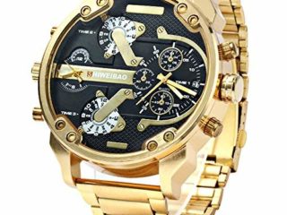 FENKOO Hombre Militar reloj Quartz Calendario/Tiempo Dual zonas Acero Inoxidable Banda Reloj de pulsera Oro (Negro)