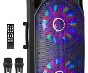 Fenton FT215LED - Altavoz móvil Potente portatil 800 vatios Equipado con Bluetooth, Reproductor MP3 USB/SD micrófono inalámbrico 2 Altavoces de 15" con batería incorporada e iluminación LED