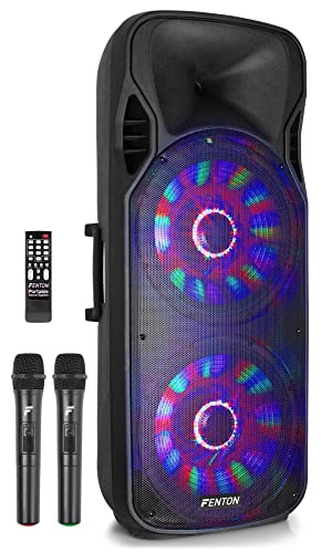 Fenton FT215LED - Altavoz móvil Potente portatil 800 vatios Equipado con Bluetooth, Reproductor MP3 USB/SD micrófono inalámbrico 2 Altavoces de 15" con batería incorporada e iluminación LED
