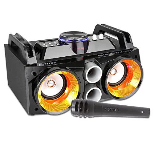 Fenton MDJ100 Altavoz portátil inalámbrico Bluetooth para Fiestas de 100 vatios, con batería incorporada, micrófono, Altavoces iluminados, Pantalla LCD, Efecto de Eco, Reproductor MP3 USB/SD