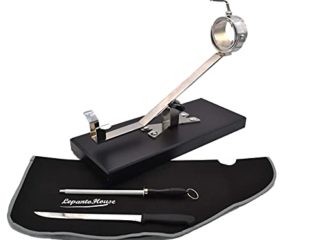 FERRETERIA LEPANTO Jamonero Giratorio basculante Giratorio, Soporte jamonero + Set de Corte con Cuchillo jamonero, chaira y Cubre Jamon: (Base Madera Negra)…
