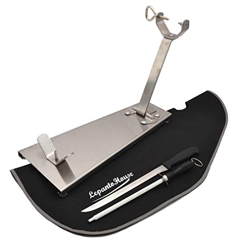 FERRETERIA LEPANTO Soporte jamonero pleglabe INOX, pletina Plegable, Base Inoxidable, mas Set de Corte formado por Cuchillo jamonero + chaira + Cubre jamón LepantoHouse
