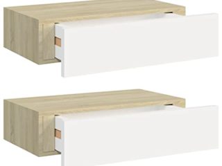 Festnjght 2X Estante de Pared de Madera MDF, Estantería Flotante con Cajone, Mesita de Noche Suspendidas,Acabado de Alto Brillo, Capacidad hasta 15 kg,para Entrada, Salón, Cocina,Roble y Blanco