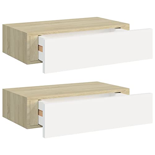 Festnjght 2X Estante de Pared de Madera MDF, Estantería Flotante con Cajone, Mesita de Noche Suspendidas,Acabado de Alto Brillo, Capacidad hasta 15 kg,para Entrada, Salón, Cocina,Roble y Blanco