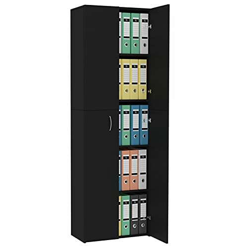 Festnjght Armario de Oficina con 5 Estantes y 2 Puertas Librerías de Oficina de Aglomerado Negro 60 x 32 x 190 cm Mueble Organizador