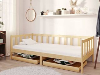 Festnjght Sofá Cama 3 Plazas Diseño 2 en 1, Sofá de Salón 3 Plazas con 2 Cajones, Cama Individual de Madera Maciza de Pino, Color Roble 90 x 200 cm, para Salón Jardín Terraza