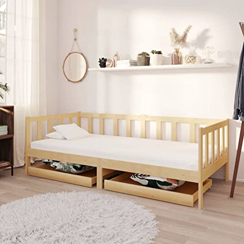 Festnjght Sofá Cama 3 Plazas Diseño 2 en 1, Sofá de Salón 3 Plazas con 2 Cajones, Cama Individual de Madera Maciza de Pino, Color Roble 90 x 200 cm, para Salón Jardín Terraza