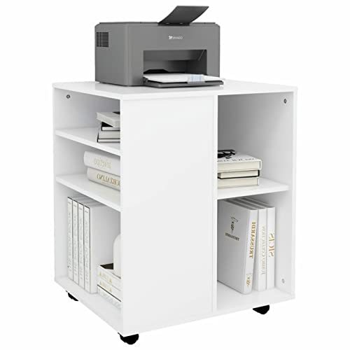 Festnjght Soporte para Impresora con Ruedas Mueble para Impresora con Ruedas Armario de Oficina Móvil con Estantes Abiertos y Ruedas con Bloqueo 60 x 53 x 72 cm Blanco