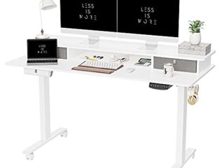 FEZIBO Escritorio eléctrico de pie de Altura Ajustable con Doble cajón, 140 * 60 cm, Mesa de pie con Estante de Almacenamiento, Escritorio de pie con Tablero de Empalme, Blanca