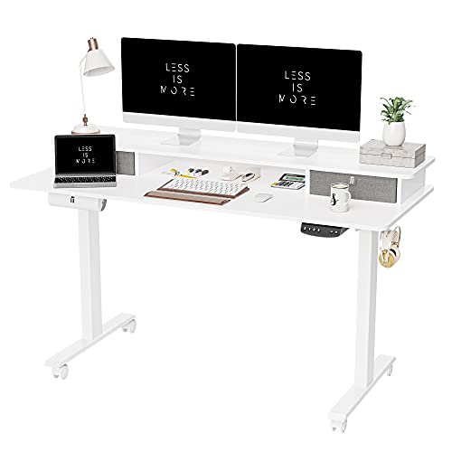 FEZIBO Escritorio eléctrico de pie de Altura Ajustable con Doble cajón, 140 * 60 cm, Mesa de pie con Estante de Almacenamiento, Escritorio de pie con Tablero de Empalme, Blanca