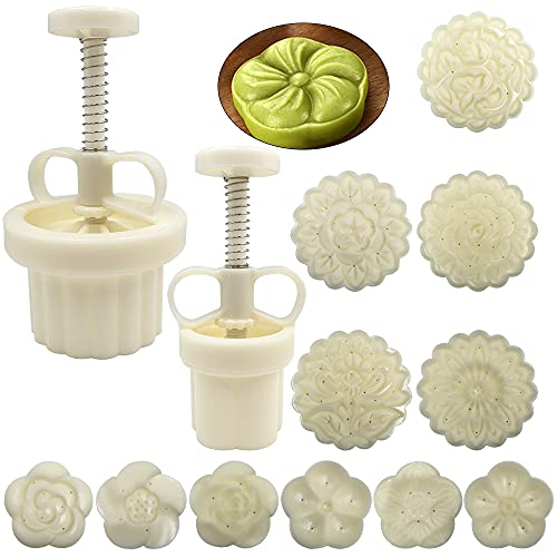 FineGood - Juego de 2 moldes de prensa de pastel de luna con 11 estafilos cortador de galletas de 50g, 100g, prensa de flores molde de pastel de luna herramientas para hornear