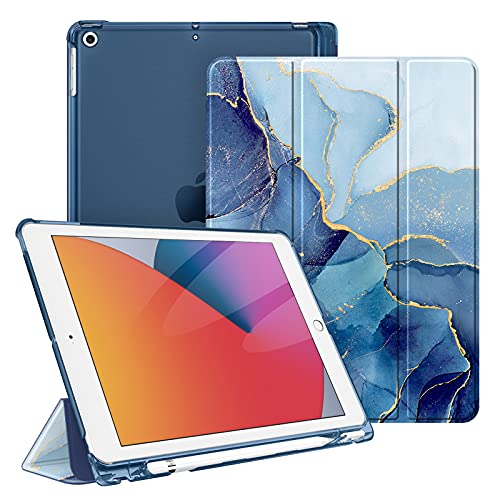 Fintie Funda Compatible con iPad 10,2" 2021/2020/2019 (9.ª, 8.ª y 7.ª Gen) con Soporte Integrado para Pencil - Trasera Transparente Carcasa Ligera Auto-Reposo/Activación, Mármol Azul Dorado