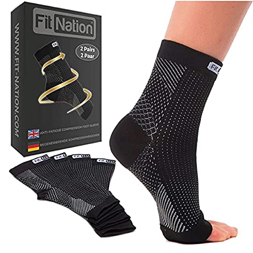 FIT NATION Calcetines compresivos para mujer y hombre. Ideal para el alivio de fascitis plantar y el soporte del tobillo. 2 pares de calcetines compresivos por pack. Negro