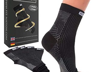FIT NATION Calcetines compresivos para mujer y hombre. Ideal para el alivio de fascitis plantar y el soporte del tobillo. 2 pares de calcetines compresivos por pack. Negro