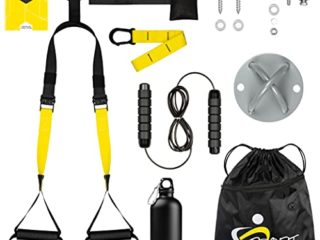 Fitness Profit compatible con Trx - kit deporte , ejercicio y gimnasio en casa , set entrenamiento en suspension con anclaje puerta , anclaje de pared con tornillos, comba, botellin termico.