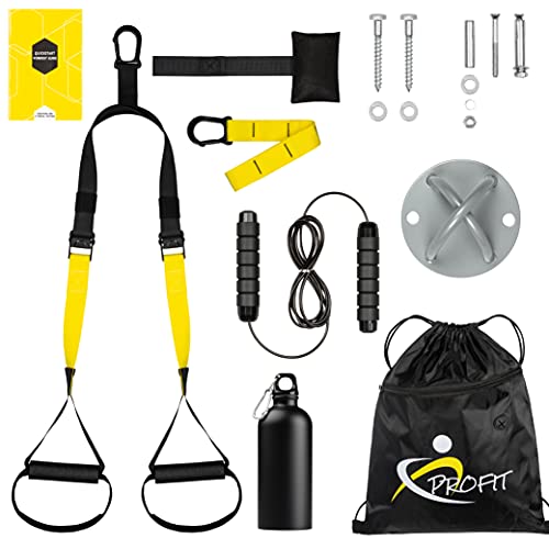 Fitness Profit compatible con Trx - kit deporte , ejercicio y gimnasio en casa , set entrenamiento en suspension con anclaje puerta , anclaje de pared con tornillos, comba, botellin termico.