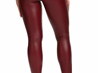 FITTOO PU Leggings Cuero Imitación Pantalón Elásticos Cintura Alta Push Up para Mujer #1 Bolsillo Falso Poca Terciopelo Rojo L