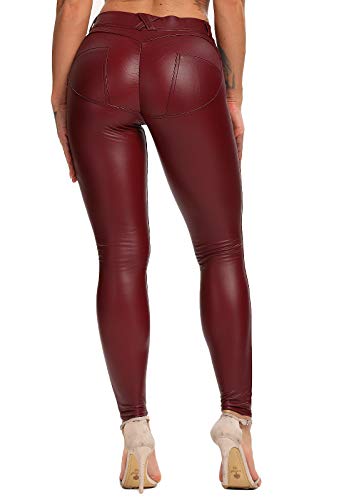FITTOO PU Leggings Cuero Imitación Pantalón Elásticos Cintura Alta Push Up para Mujer #1 Bolsillo Falso Poca Terciopelo Rojo L
