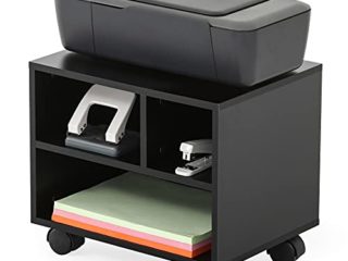 FITUEYES Soporte para Impresora con Ruedas 3 Compartimientos Madera Negro Carrito Organizador para Oficina Casa 40x30x35cm PS304003WB