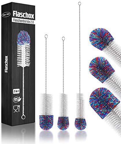 FLASCHOX© LFGB Certificado Premium – Juego de 3 cepillos para Botellas – Concepto Mejorado 2021 – Cabeza de Lana para una Limpieza sin arañazos – Limpiador de Botellas para Botellas de Cristal