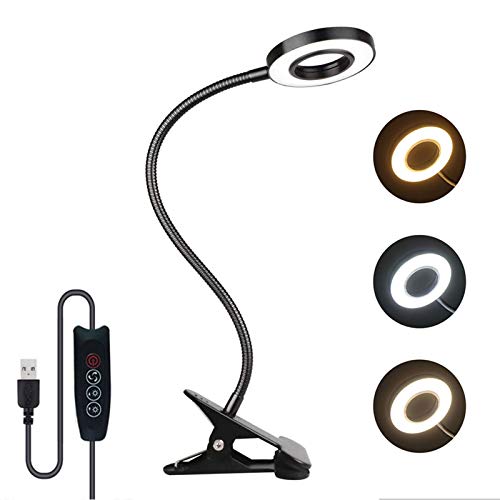 Flexo Negro con Pinza, 48 LEDs, 3 Colores y 10 Intensidades Variables, Luces Mesilla de Noche, Lampara Pinza para Cabecero Cama, Luz LED Lectura Libros, Aro de Luz para Tatuar, Manicura