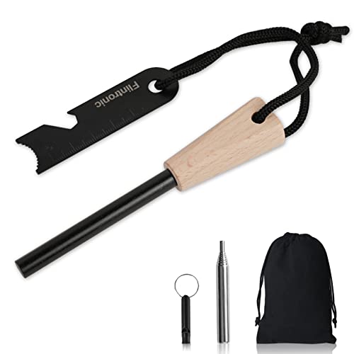 Flintronic 1PCS Pedernal para Fuego,Kits Encendedor Supervivencia de Acero de Pedernal Resistente al Agua,Incluye Silbato,Tubo de Soplado Plegable,Raspador con Escala,para Camping/Senderismo/Exterior