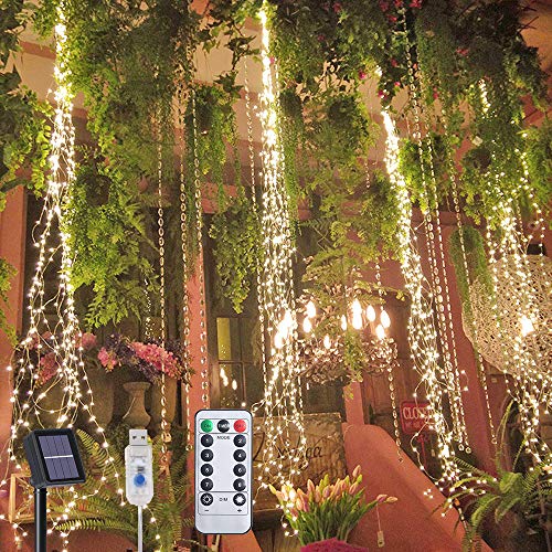 Flintronic Cascada Luces de La cadena, 8 modos Solar Luces de La Rama de Hadas 10 Hebras 200 LEDs Colgantes Twinkle Luces de USB ，Actualizado Energía Solar Operado con Remoto Para Interior y Exterior