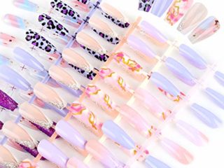 FLOFIA 120pcs 10 Tamaños Uñas a presión con Pegamento, Uñas postizas colores degradado lagras, Coffin bailarina Cubierta completa, Puntas uñas falsas acrílica, Kit Accesorios Preparación Uñas
