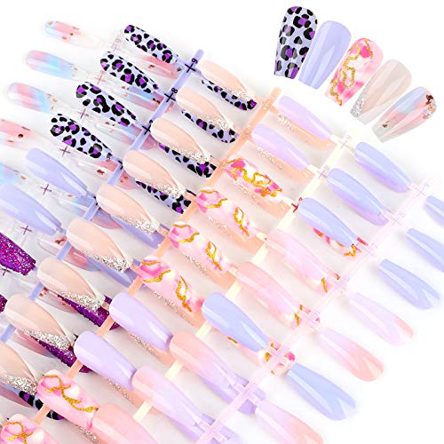 FLOFIA 120pcs 10 Tamaños Uñas a presión con Pegamento, Uñas postizas colores degradado lagras, Coffin bailarina Cubierta completa, Puntas uñas falsas acrílica, Kit Accesorios Preparación Uñas