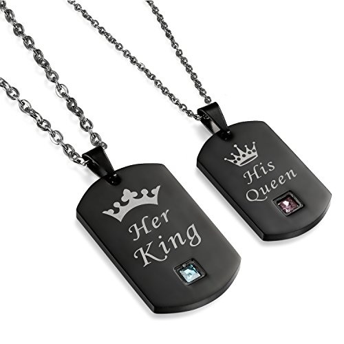 Flongo Collares de Parejas, Collares para Hombre y Mujer, con Grabado de His Queen y Her King, Colgantes de Placas Militar de Rey y Reina, Dogtag Acero Inoxidable, Regalo de San Valentin/Navidad
