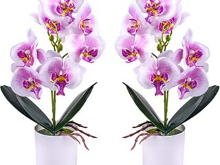 Flores de orquídeas Artificiales - 2 Piezas de Flores de orquídeas Falsas en macetas con jarrón de plástico para Centro de Mesa de Oficina en casa decoración de Fiesta de Boda(Morado)