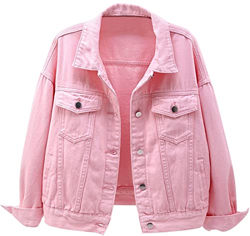 FLYCHEN Mujer Chaqueta de Jeans Abrigos para Mujer Abrigo Corto de Primavera y otoño Chaqueta Suelta de Mezclilla Corta Denim Jacket Mujer, Rose, M