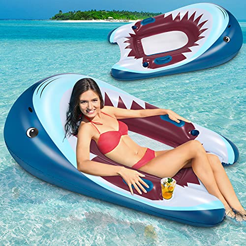 Flyfun Colchoneta Hinchable Piscina Flotadores Piscina Hamaca de Agua Hamaca Flotante Inflable Juguetes Piscina Playa Forma de Tiburón 90x150cm