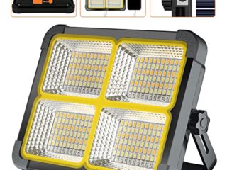 Foco LED Recargable, Foco LED Bateria 100W/ Panel Solar/ 4 Modos de Luz/ Batería Externa de 12000mAh/ Base Magnética, Ideal para Camping, Trabajo, Pesca, Color Negro