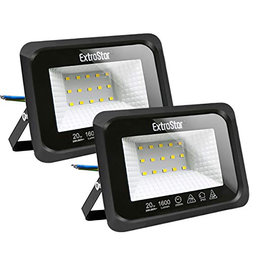 Focos LED exterior 20W Extrastar Potente Luces Led Exterior IP65, Luz de Seguridad Luz fría 6500K para Terraza, Jardín, Patio, Parque, Garaje [Clase de eficiencia energética A+]2 paquetes