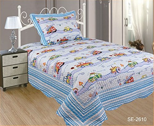 ForenTex- Colcha bouti Reversible, (SE-2610), Cama 90 y 105 cm, 190 x 260 cm, Estampada Cosida, Coches Niño