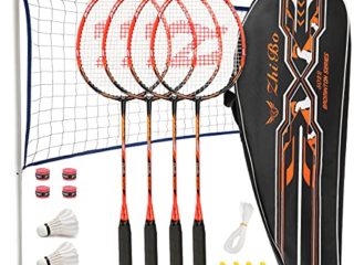 Fostoy Juego de Bádminton, Raquetas de Bádminton con 4 Raquetas de Bádminton y 3 Volantes, Juego Completo de Bádminton para Exteriores con Red para Adultos