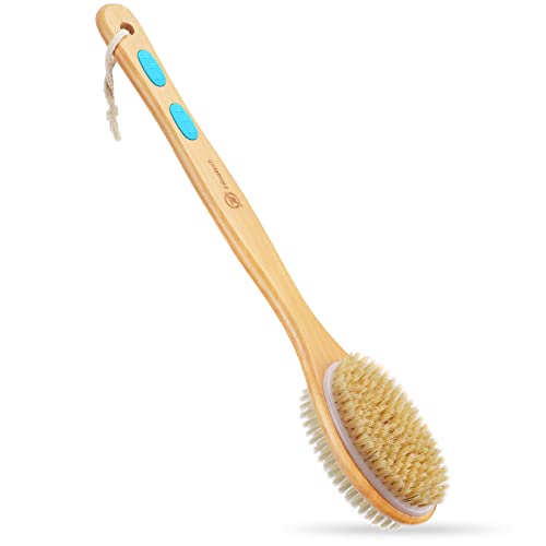 FREATECH Cepillo Espalda Ducha - Cepillo Baño con Mango Largo de Madera, Cepillo Exfoliante Corporal de 2 Caras con Cerdas Naturales Rígidas y Cerdas Nailon Suave para Cepillado Húmedo o Seco