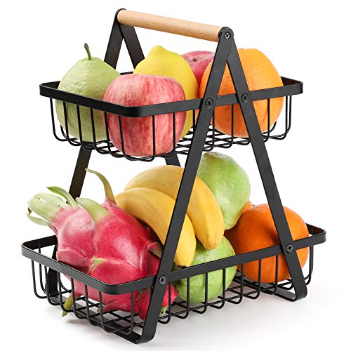Fruteros, Cesta de Frutas Desmontable de 2 Niveles, Soporte de Frutero de Metal para Almacenar Verduras y Aperitivos, Estante de Almacenamiento de Frutas en la Cocina, Negro