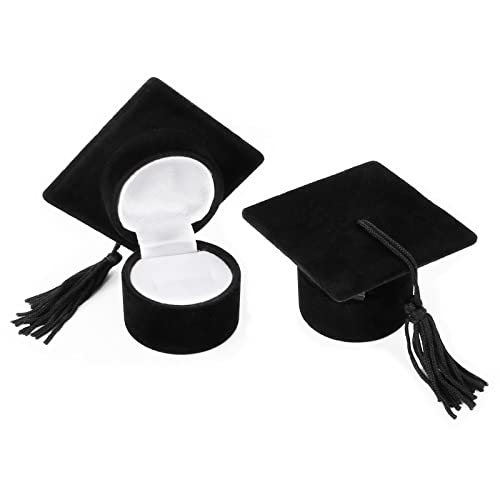 Fumanduo 2Pcs Caja de Anillo Regalo Caja para Anillos, Caja de Anillo con Forma de Sombrero de Doctor, Caja de Anillos de Compromiso Boda, Caja de Joyería para Graduación (Negro, 40mm)