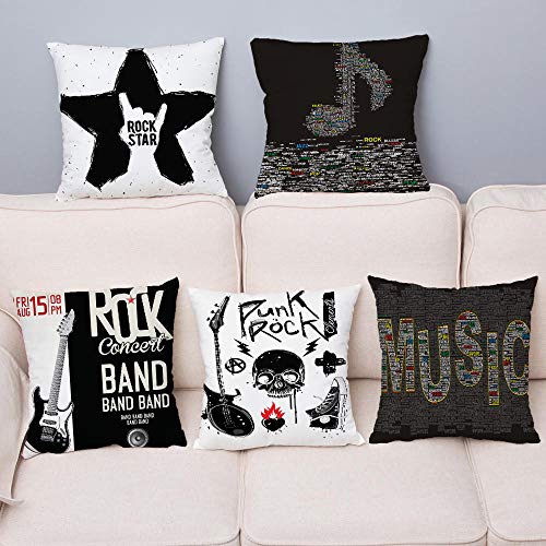 Funda de Almohada Juego de 5 Piezas Funda de Almohada con Estampado de música Rock Funda de cojín 45 * 45 cm Funda de Almohada Cuadrada con Abrazo Decoración del hogar Funda de Almohada