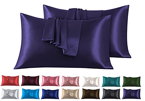 Funda de Almohada Satén, Paquete de 2 Fundas de Almohadas Súper Suaves Fundas con Cierre de sobre, Protege Cabello y Piel, Cuidado de la Cara, Viola 45 x 70 cm