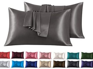 Funda de Almohada Satén, Paquete de 2 Fundas de Almohadas Súper Suaves Fundas con Cierre de sobre, Protege Cabello y Piel, Cuidado de la Cara, Gris Claro 50 x 80 cm