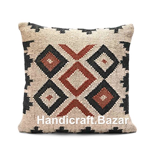Funda de cojín de lana geométrica de yute de Handicraft Bazarr Kilim, funda de almohada rústica hecha a mano étnica funda de cojín bohemia de Amazon (c)